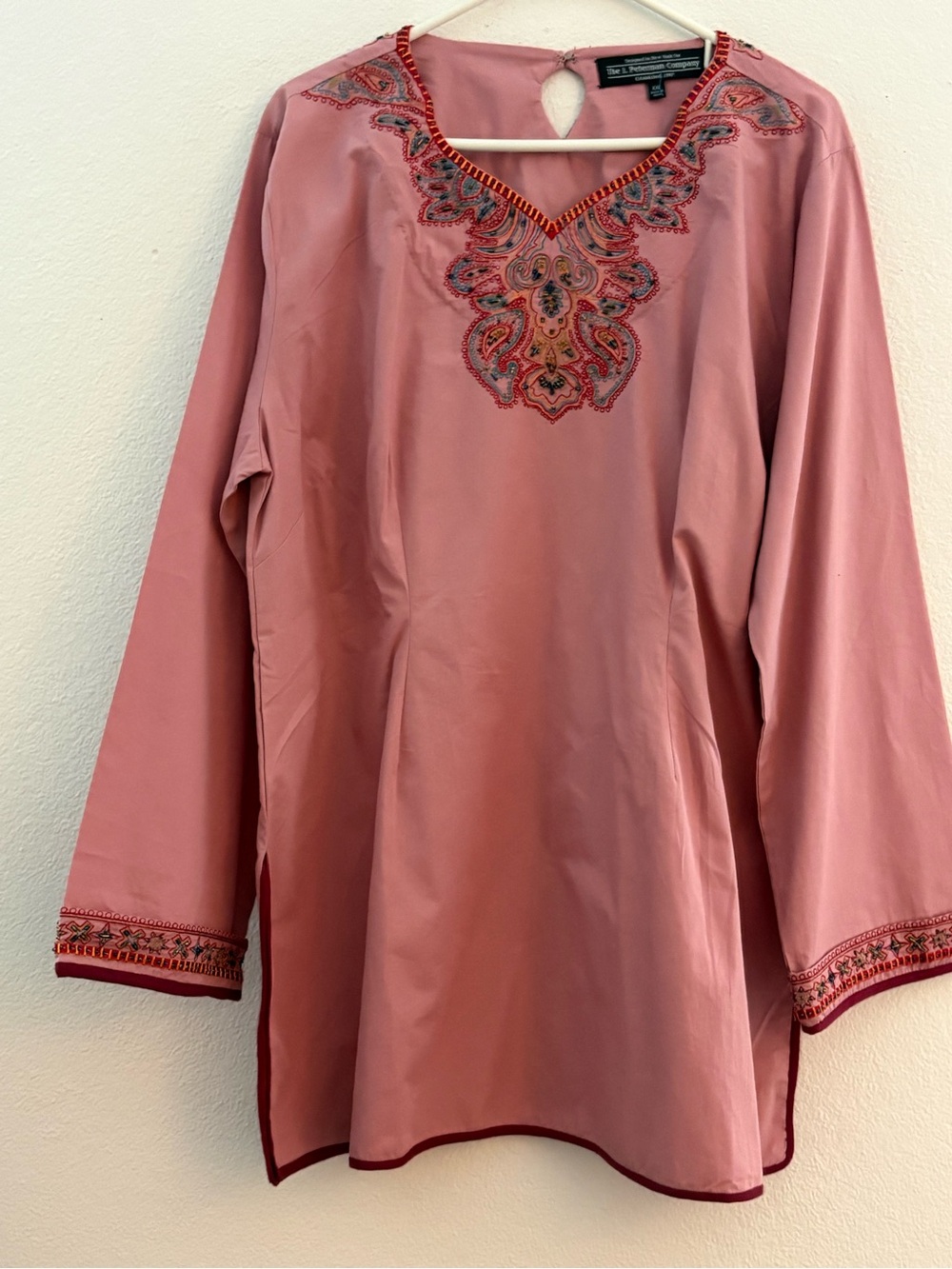 J. Peterman Pink Embroidered V-Neck Tunic